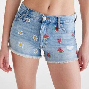 Aeropostale Women's High Rise Blue Denim Shorty Shorts Watermelon Daisy Size 2